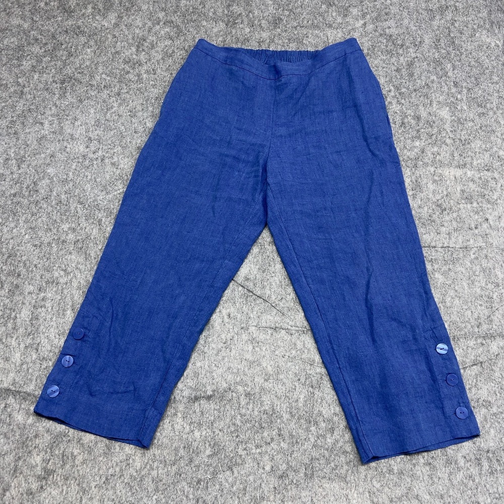 Chicos Pants Womens Size 8 Blue 100% Linen Preppy High Rise Casual Crop Wide Leg